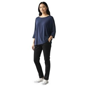 Chico's Size 2 US L Boatneck Neck  Top Blue Silver Accent Pullover 3/4 Sleeves